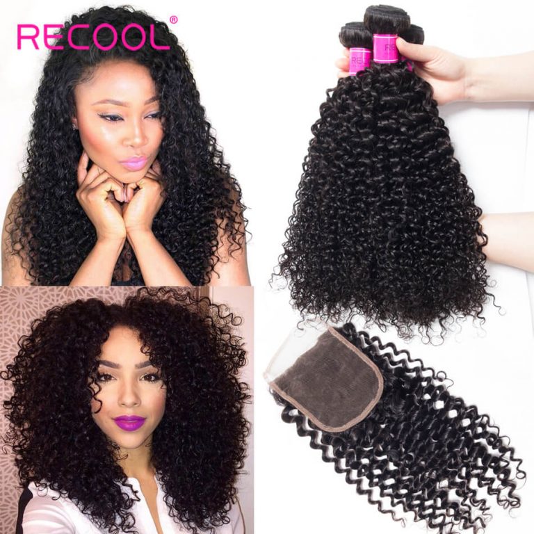 Recool Brazilian Curly Virgin Hair With Closure 100% Human Hair Bundles With Closure Jerry Curly