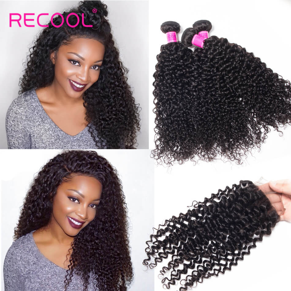 Recool Indian Curly Virgin Hair With Closure 100% Human Hair Bundles With Closure Jerry Curly