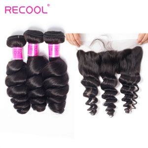 Recool Virgin Hair Peruvian Loose Wave With Frontal Peruvian Virgin Hair Spring Curly 3 Bundles Hair Weft With Frontal