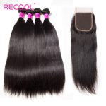 Recool Hair Malaysian Straight Hair 4 Bundles With Closure 8A Remy Virgin Human Hair Bundles With Closure