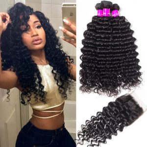 Recool Hair Malaysian Deep Wave Bundles With Closure 3 Bundles Human Hair Bundles With Closure