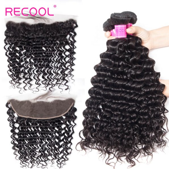 Recool Hair Human Hair Bundles With 13*4 Frontal Deep Wave Curly Deep Wave Human Hair 3 Bundles With Frontal