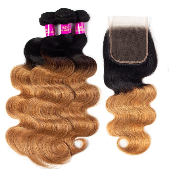 1B/27 body wave hair bundles with lace closure