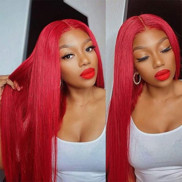 Red color straight lace front wig