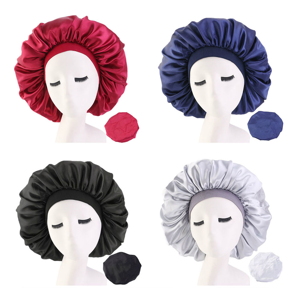 Satin Night Sleep Cap Hair Bonnet Silk Head Cover Wide Elastic Band ...