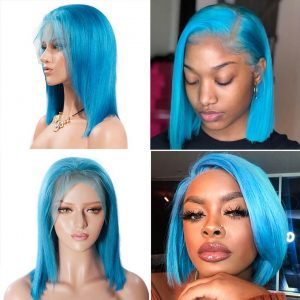 blue color straight hair bob wig