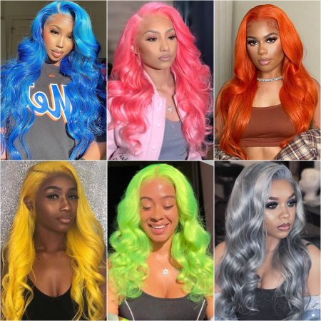colorful body wave frotnal wig pink grey orange blue green color