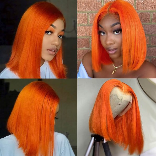 orange color straight hair bob frontal wig