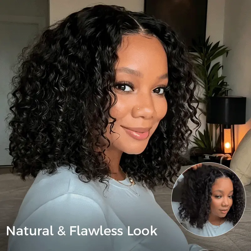 Portrait of a woman with shoulder-length natural curls and a light blue top, smiling in a cozy room; overlay reads 'Natural & Flawless Look'.