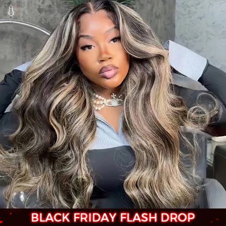 Balayage Highlight Body Wave/Straight 6x5 13x4 HD Lace Frontal Human Hair Wig Black With Blonde Highlight