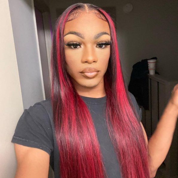 99j burgunday wig with red highlight