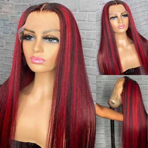 99j burgunday wig with red highlight
