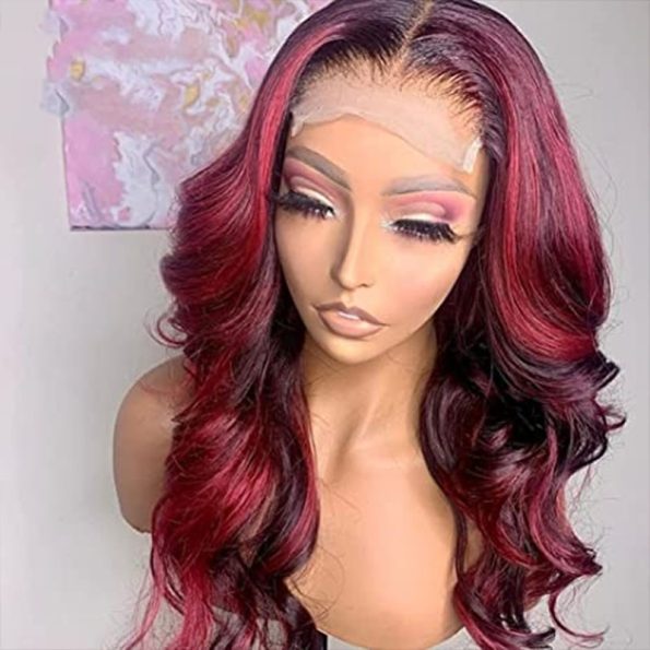 99j burgunday wig with red highlight body wave