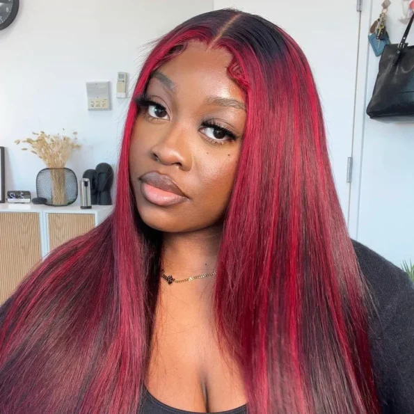 red with burgundy highlight human hair wig