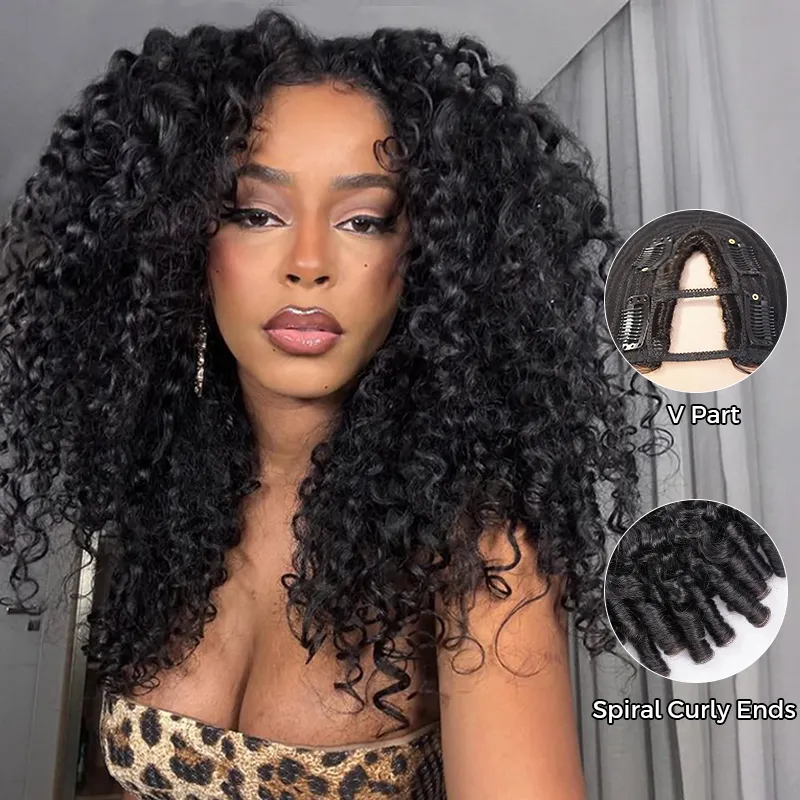 Burmese Curly V Part Wig 100% Human Hair Spiral Ends Flexi-Fit Drawstring