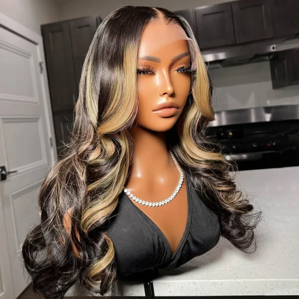 black with blonde highlight loose body wave wig