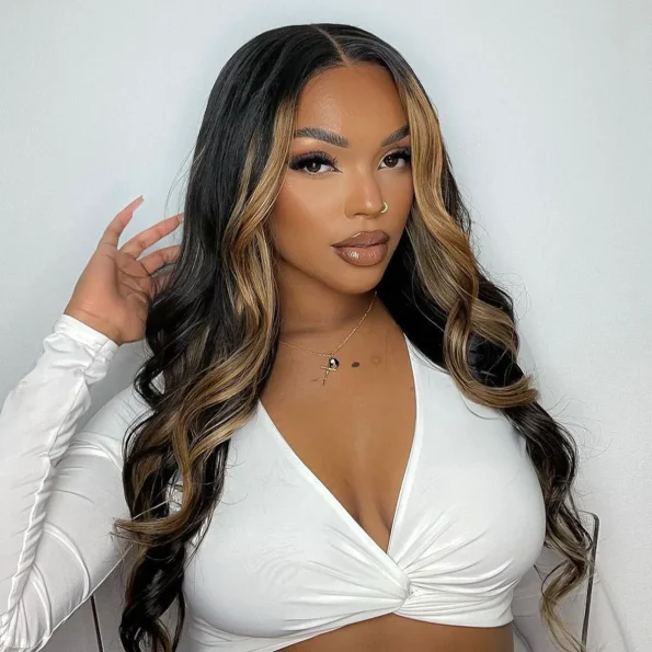 black with blonde highlight loose body wave wig