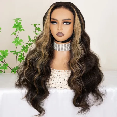 brown with blonde highlight human hair wig