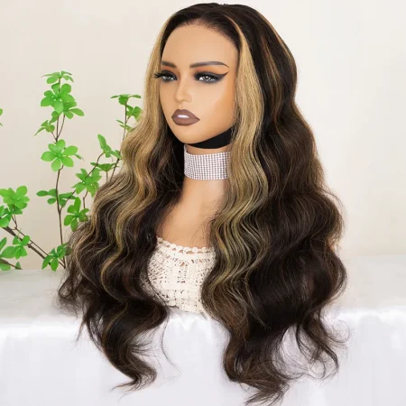 brown with blonde highlight human hair wig