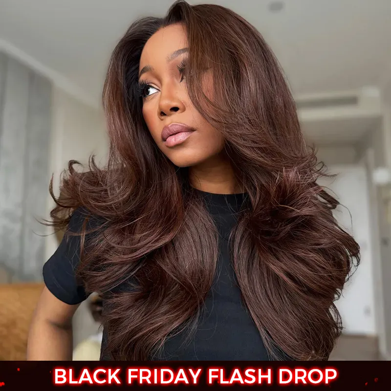 Brown/Dark Burgundy Color Pre Styled Butterfly Layered Cut Loose Body Wave 6x5 Glueless Closure Wig