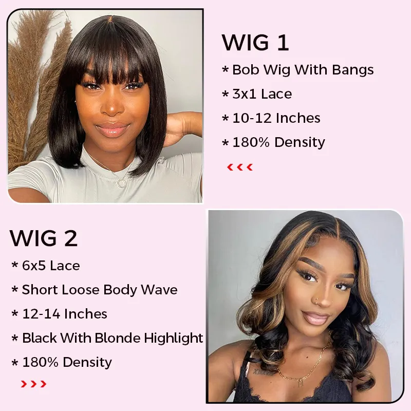 2 Wigs $119.9 | Short Bob Wig with Bangs Minimalist Lace Glueless Wig + Highlight Color Short Loose Wave 6x5 Lace Wig