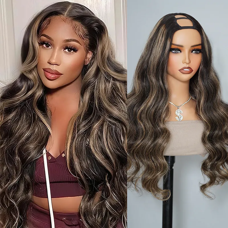 Balayage Highlight U Part Human Hair Wig Straight/Body Wave No Glue Protective Style Black with Blonde Highlight