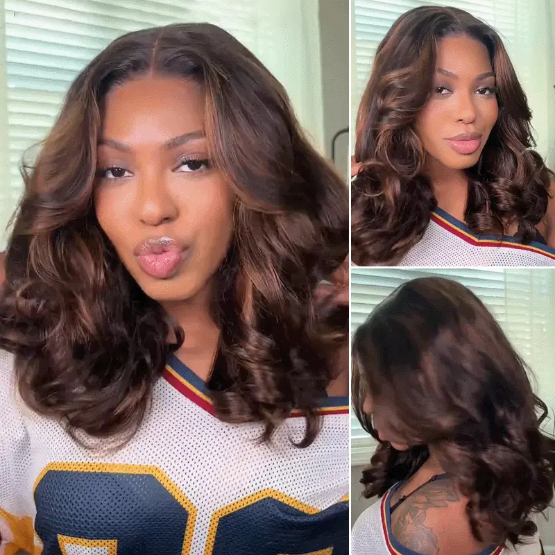 Ombre Brown Highlight Color Loose Wave Wig Butterfly Layered Cut 6x5 Glueless Wig 200% Density