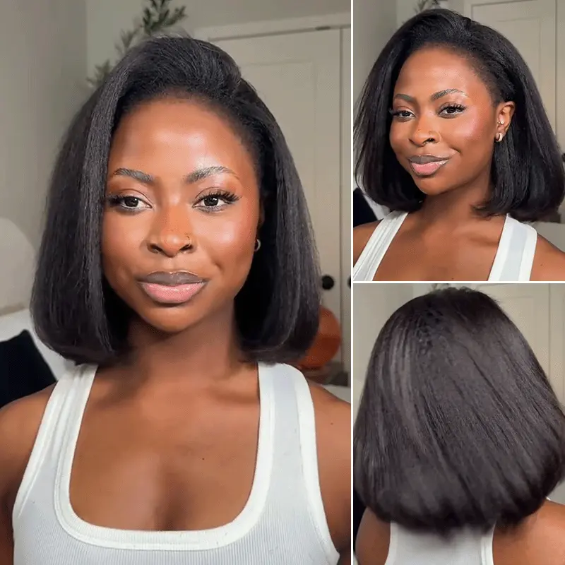 Kinky Straight Bob Half Wig Wear Go 100% Human Hair Flip Over Wig Beginner Friendly