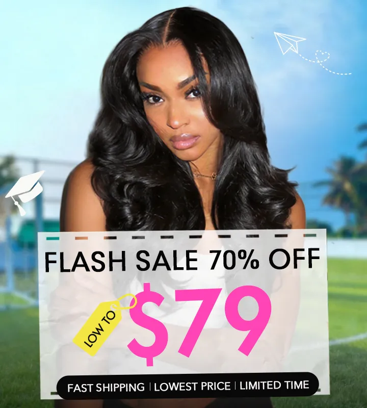 falsh-sale-app Portrait of a woman with long dark hair against a bright outdoor backdrop; overlay reads 'FLASH SALE 70% OFF' and large pink '$79' with a yellow tag and a black banner listing shipping offers.
