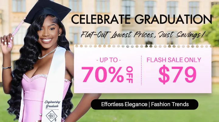 human hair wig (1) Promotional banner showing a smiling graduate in a pink gown and cap, advertising up to 70% off and a flash sale for $79.