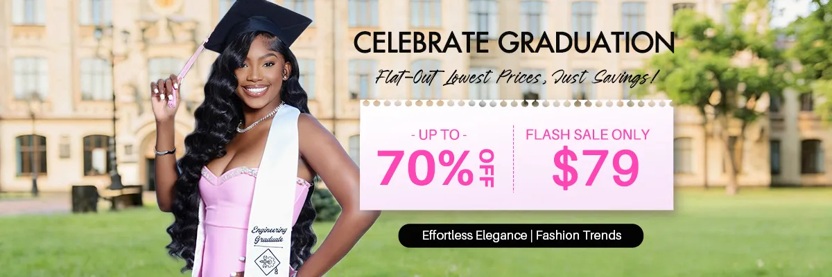human hair wig (2) Smiling graduate in a pink dress and cap poses on a campus lawn beside a pink sale banner that reads up to 70% off and $79 flash sale.
