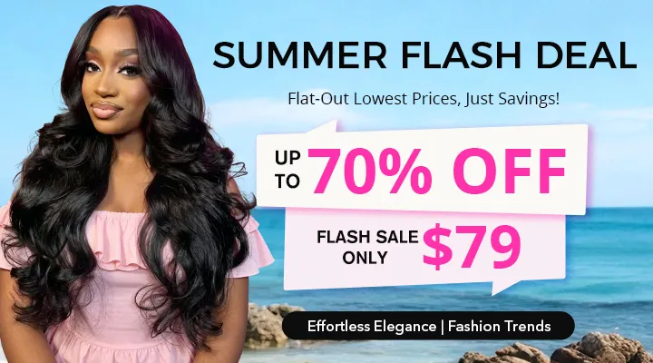 human hair wig (1) Promotional banner with a woman by the beach reading 'SUMMER FLASH DEAL' and 'UP TO 70% OFF' with 'FLASH SALE ONLY $79'.