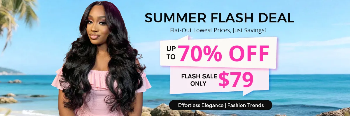 human hair wig (2) Promotional banner with a woman with long black hair on a beach, advertising a Summer Flash Deal: up to 70% off and a $79 flash sale.