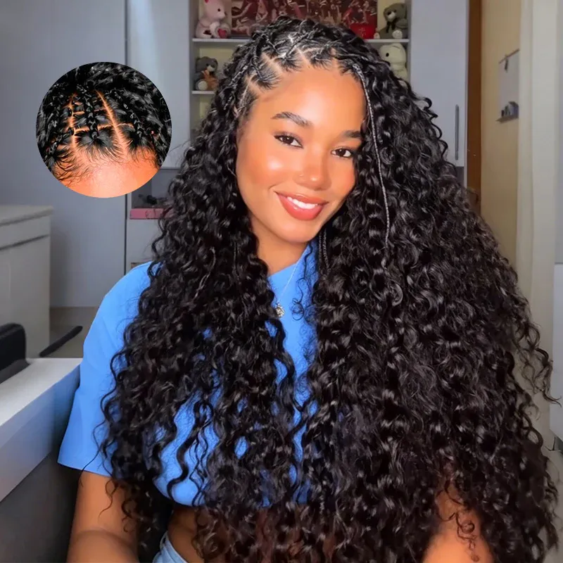 Smiling woman with long, glossy curls in a blue shirt; circular inset shows close-up of cornrow braids at the hairline.