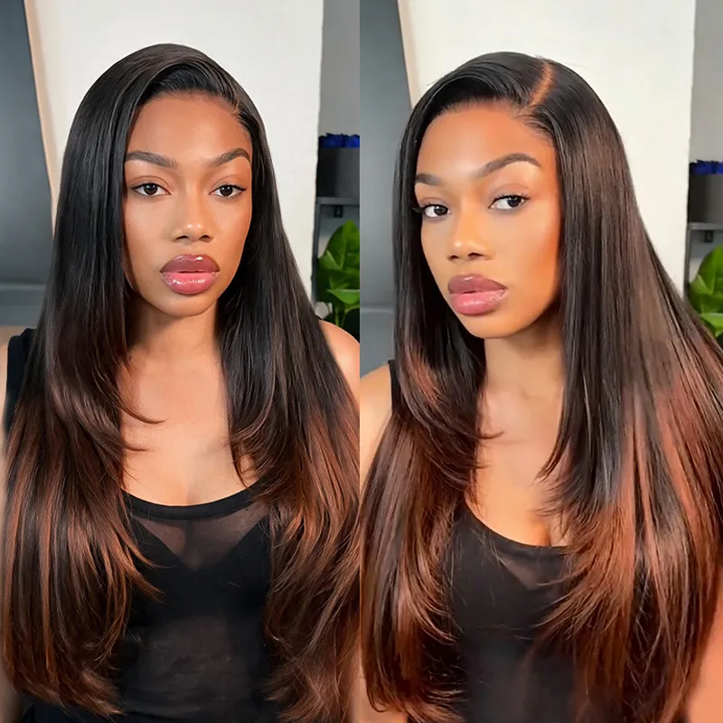 Twin side-by-side portraits of a woman with long, straight black hair with copper-brown ends in a black top.