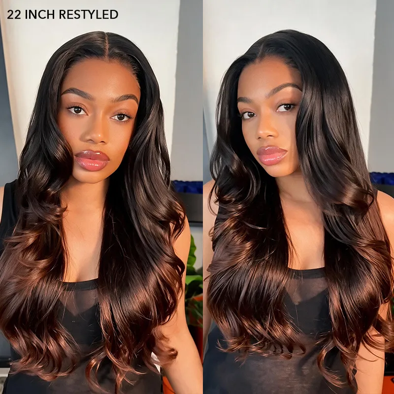 Two side-by-side portraits of a woman with long glossy 22-inch restyled hair with soft waves in dark brown. Discreet balayage at the ends adds warmth, shown from front and angled view.