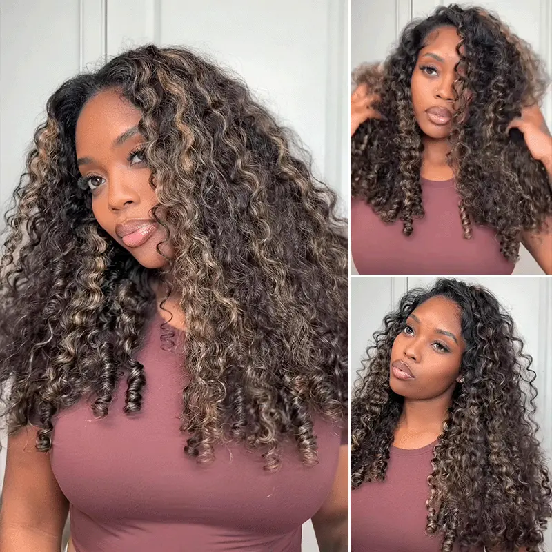 Burmese Curly Half Wig Balayage Highlight Flip Over Human Hair Wig Spiral Curly Ends Black with Blonde Color
