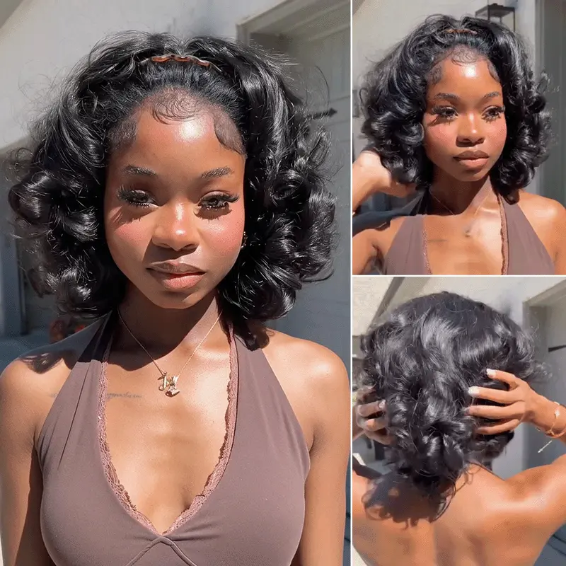 Bouncy Yaki Loose Wave Short Human Hair 3-IN-1 Half Wig Flexi-Fit Drawstring Natural Look